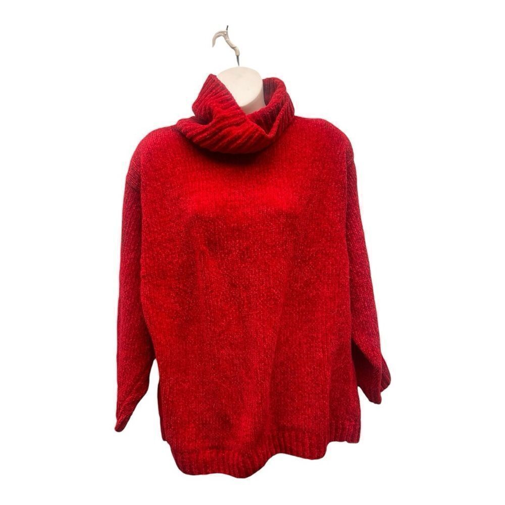 Vintage Liz Wear Red Chenille Turtleneck 80s Shoulder Pads Size Large EUC